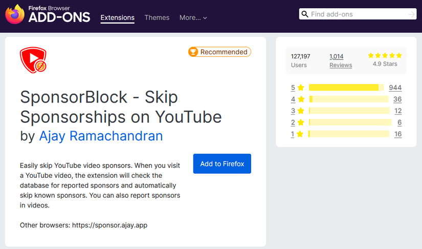A Screenshot of SponsorBlock's Add-on Page