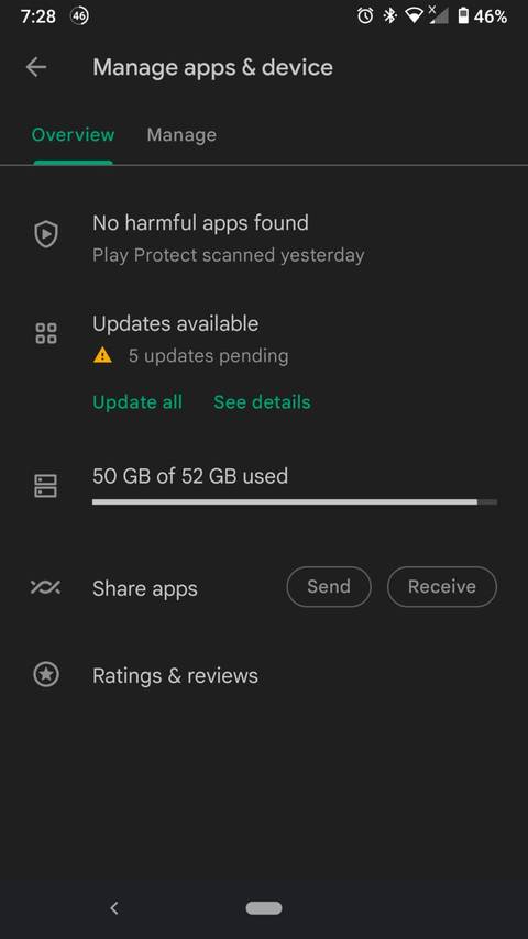 Play Store manage apps & devices menu