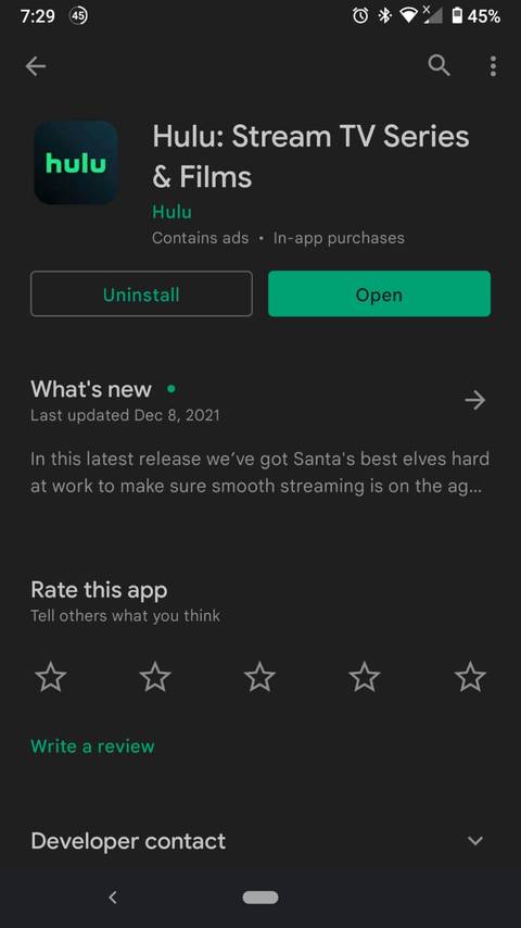 Play Store hulu app page