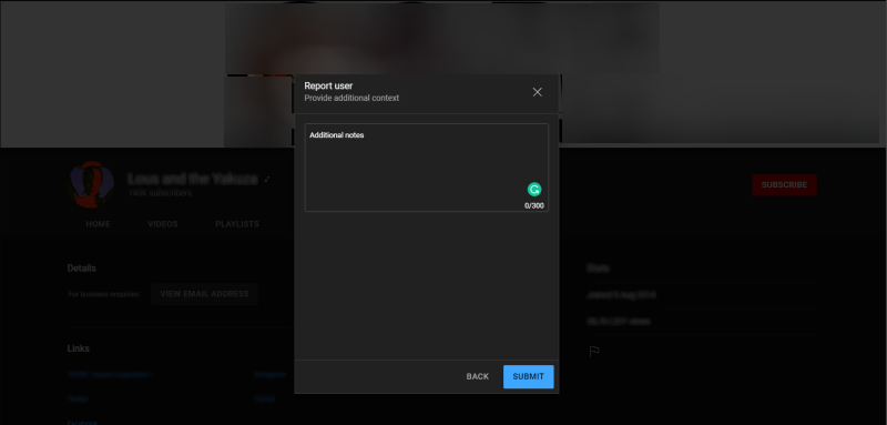 YouTube report a channel click SUBMIT