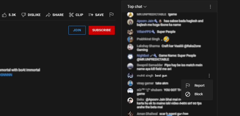 YouTube report a live chat click Report