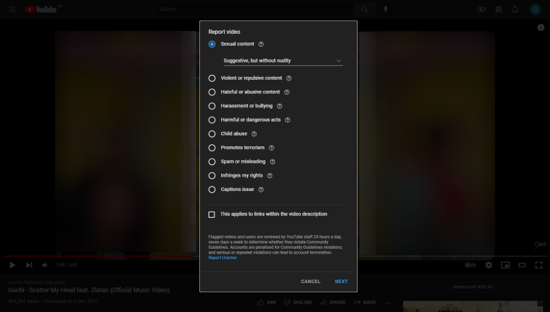 YouTube report video choose reason click NEXT