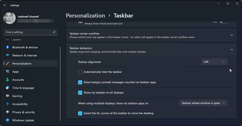 change taskbar alighnment