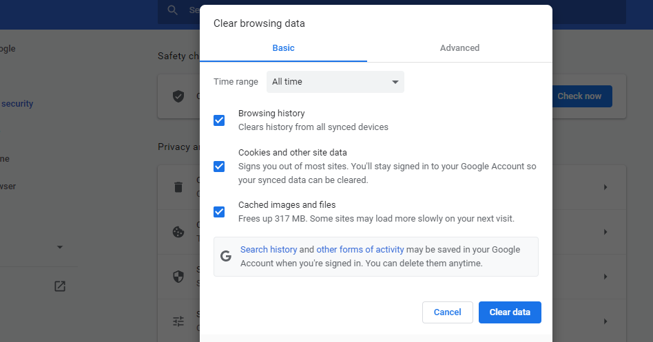 Chrome Clear Browsing Data