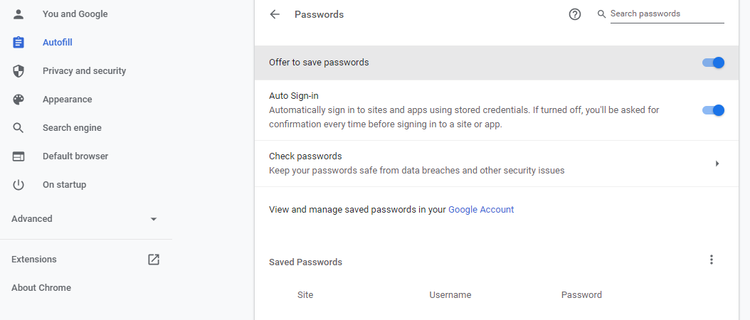 Chrome-Passworteinstellungen