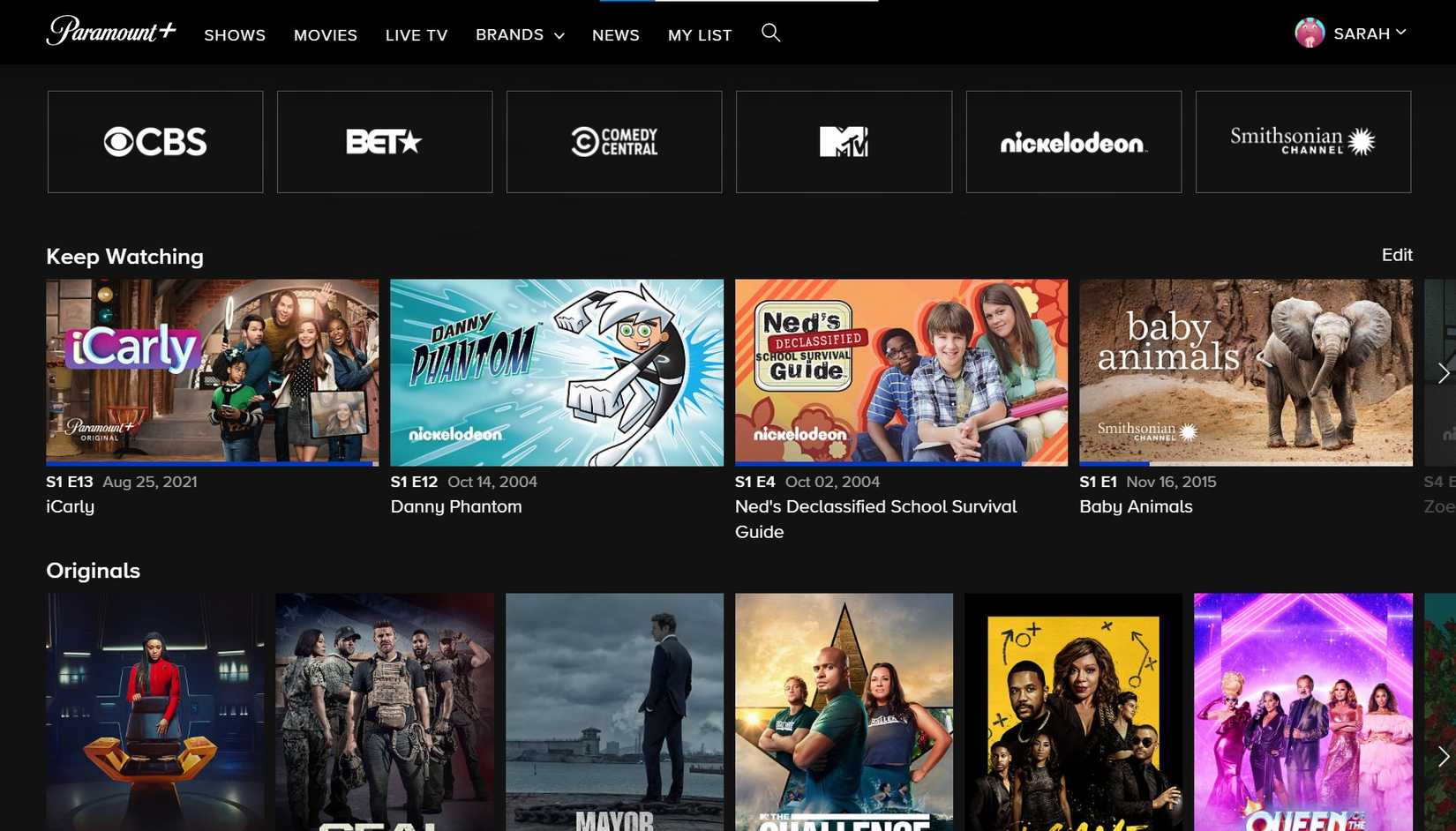 screenshot of paramount plus on a laptop, showing the keep watching section