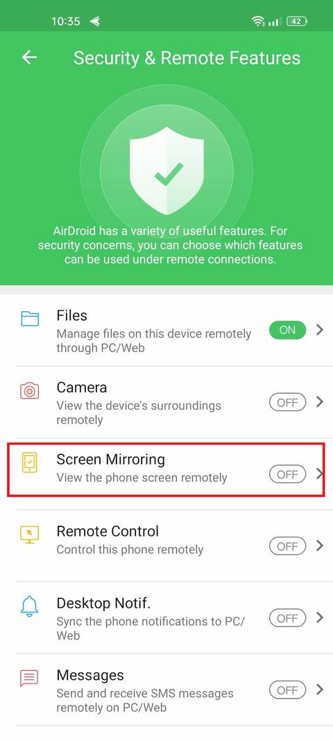 AirDroid App security features with mirroring highlighted