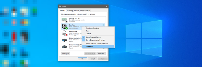 Opening Properties of Speakers in Sound Settings in Windows 10