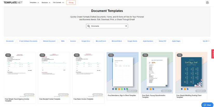 An image of the Template.net Documents template section