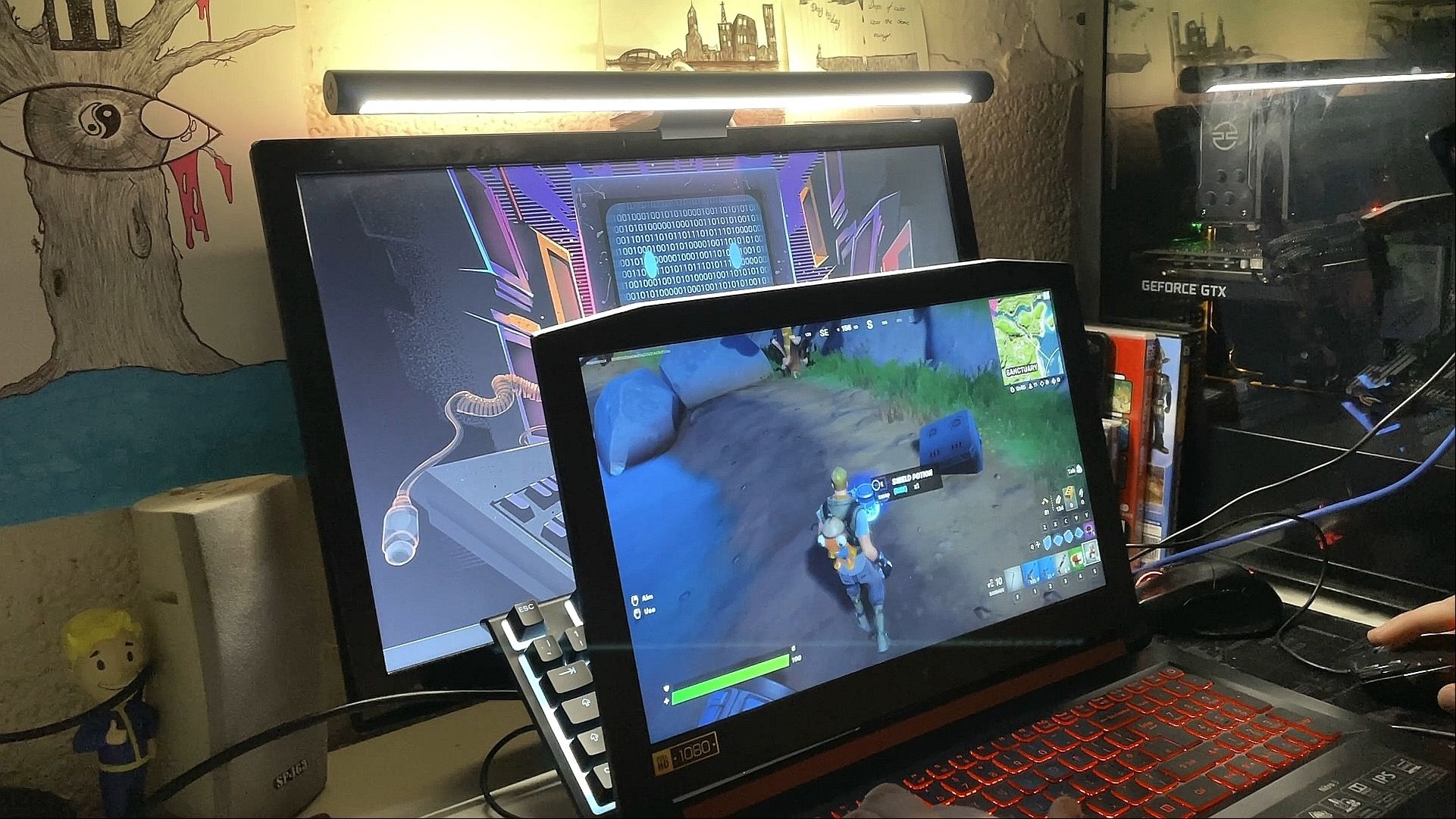 Yeelight LED Screen Light Bar Pro on monitor with laptop playing fornite
