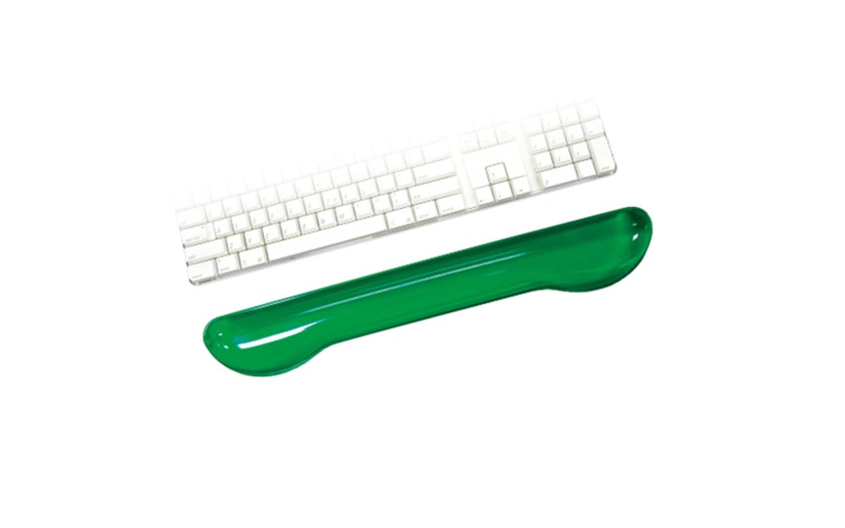A green Aidata wrist rest by keyboard.
