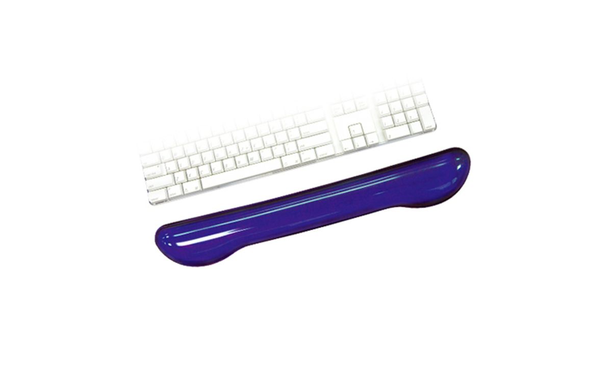 A purple Aidata wrist rest by keyboard.