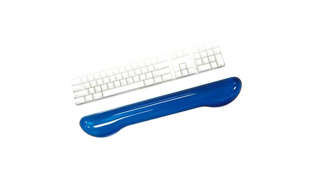 A blue Aidata wrist rest by keyboard.