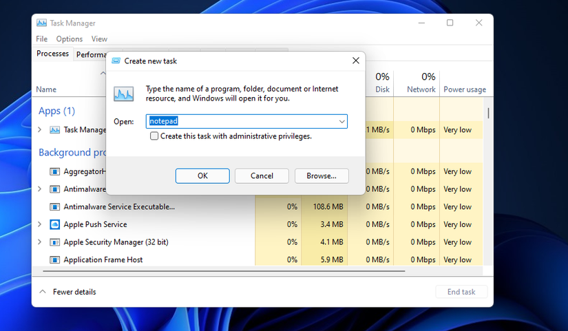 The Create new task window