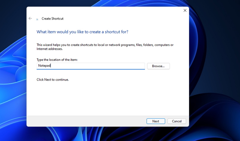 The Create Shortcut window 