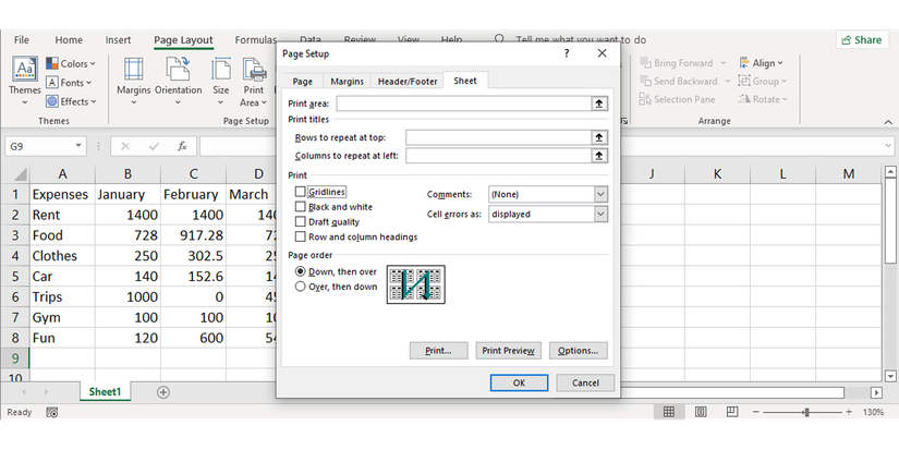 Page Setup menu in Excel.