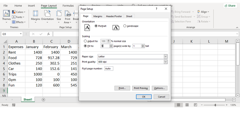 Page Setup menu in Excel.