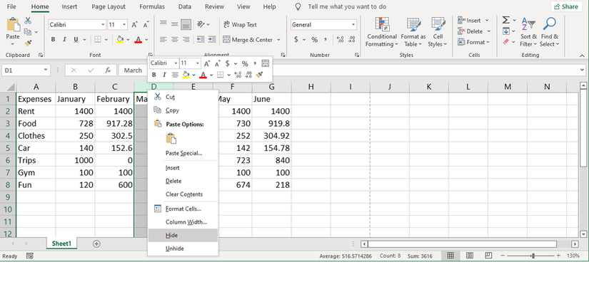 Hide columns in Excel.