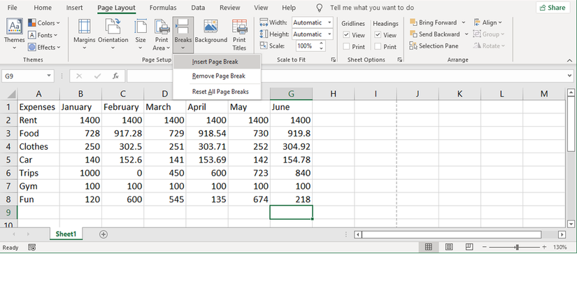 Inserting a page break in Excel.