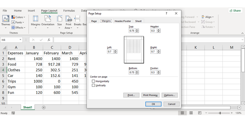 Page Setup menu in Excel.
