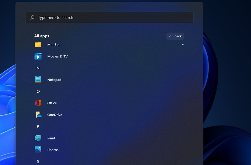 Notepad on the Start menu 