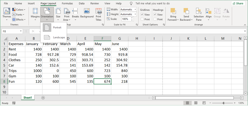 Page orientation settings in Excel.