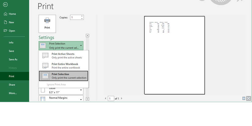 Print settings in Excel.