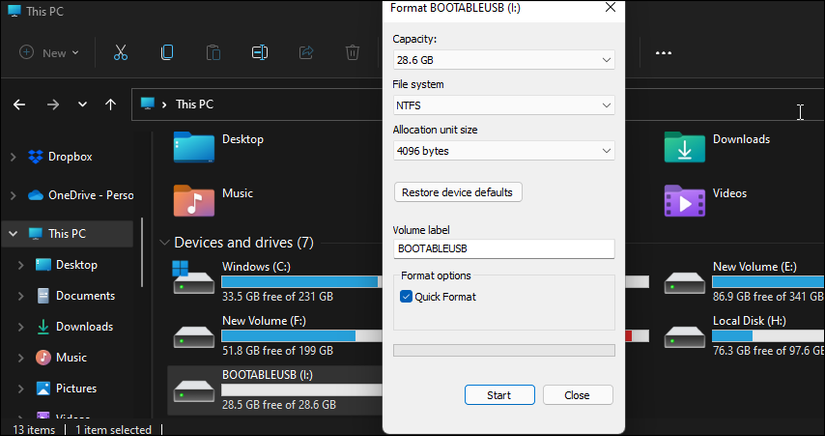 quick format USb drive NTFS