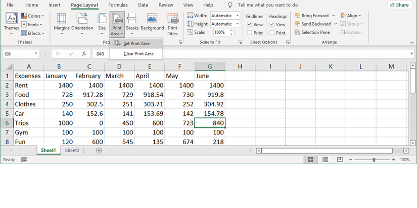 Settings a print area in Excel.