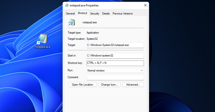 The Shortcut key box 