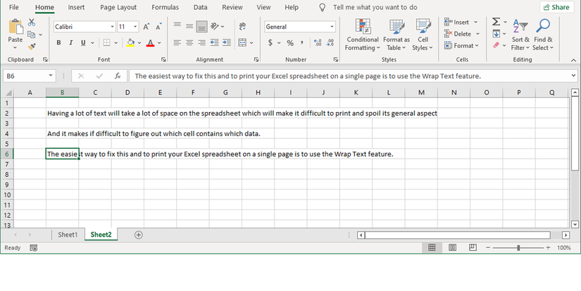 Wrap text option in Excel.