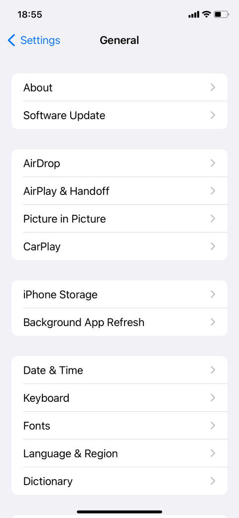 General settings screen on iPhone.