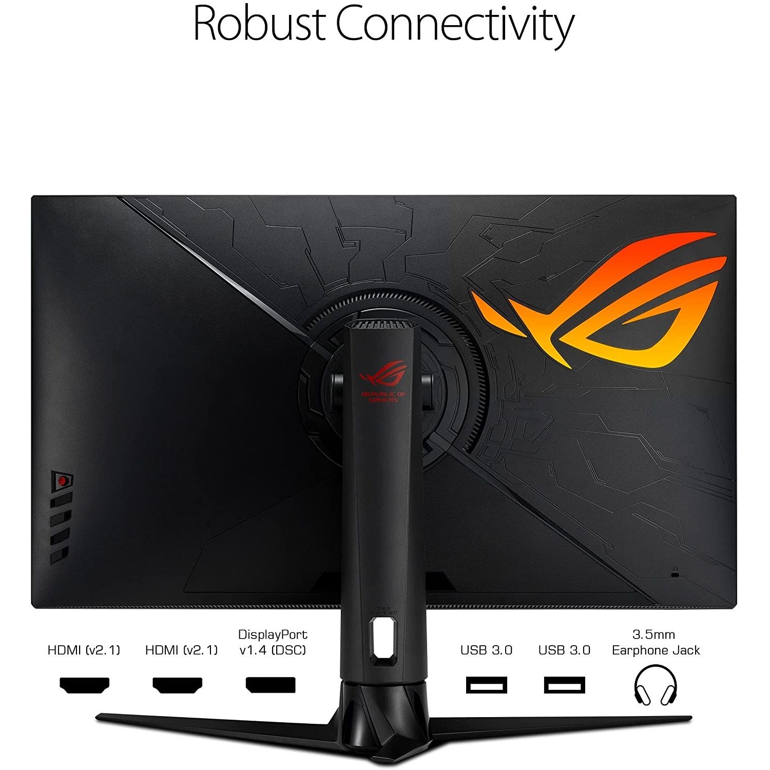 The ports and RGB lighting on the ASUS ROG Swift PG32UQ gaming monitor