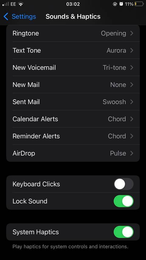 The Sounds & Haptics section of the iOS Settings app, wIth Lock Sound and System Haptics toggled On. 