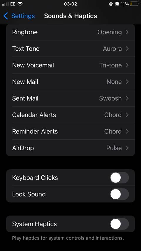 The Sounds & Haptics section of the iOS Settings app, with Keyboard Clicks, Lock Sound, and System Haptics toggled Off. 