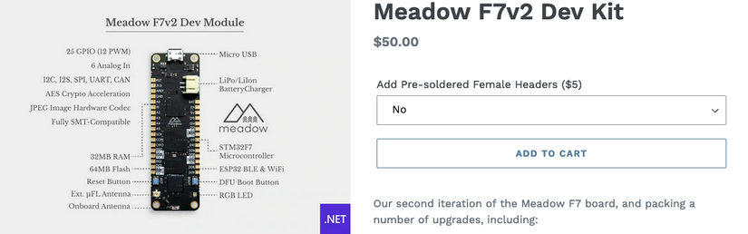 A screenshot showing a photo of the MeadowF7v2 Developer module micro controller next to product information