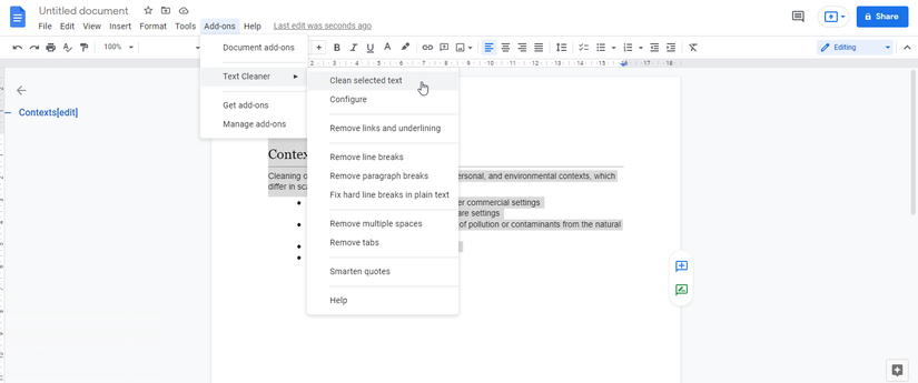 A Screenshot of the Text Cleaner Add-on In Use