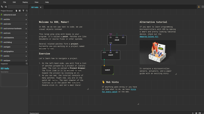A screenshot of the user interface for the graphical programming software called XOD 