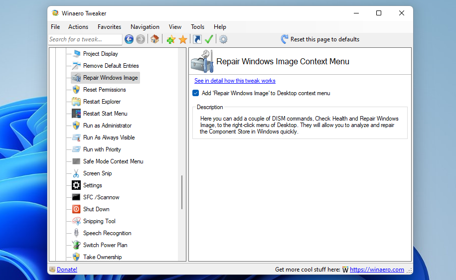 The Add Repair Windows Image to Desktop context menu option 