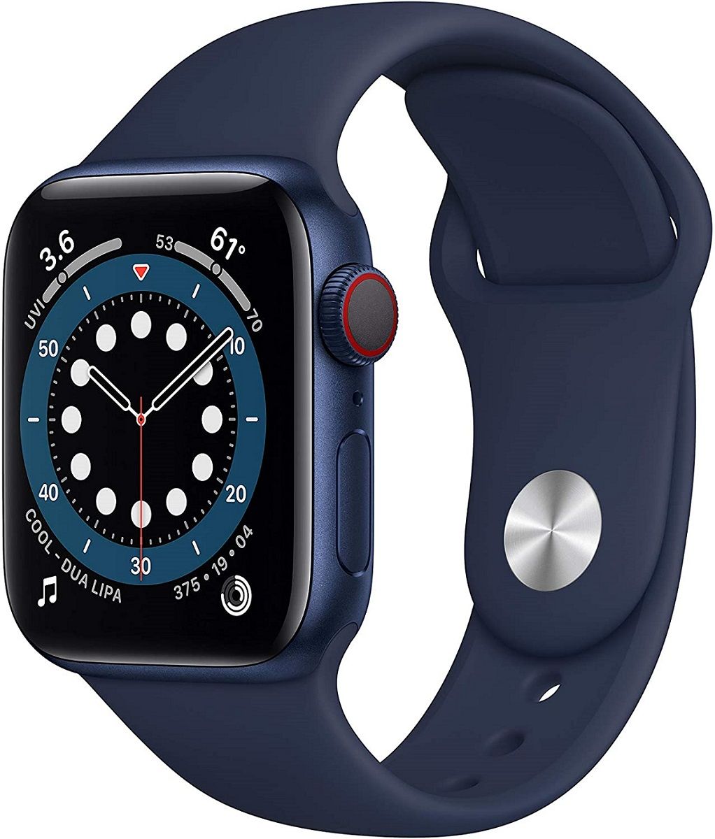 A complete view of Apple Watch 6 with blue strap