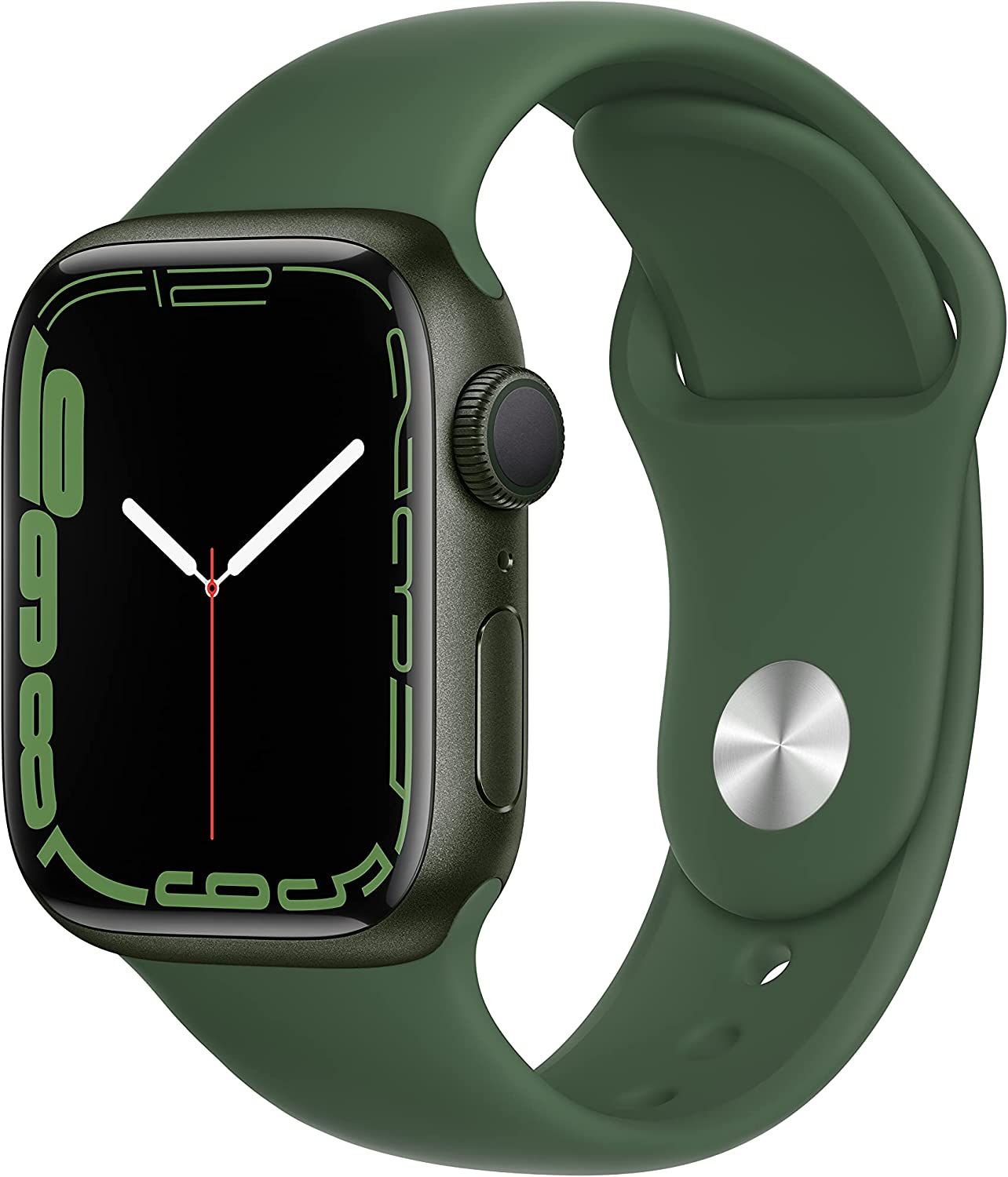 An Apple Watch 7 with a green strap