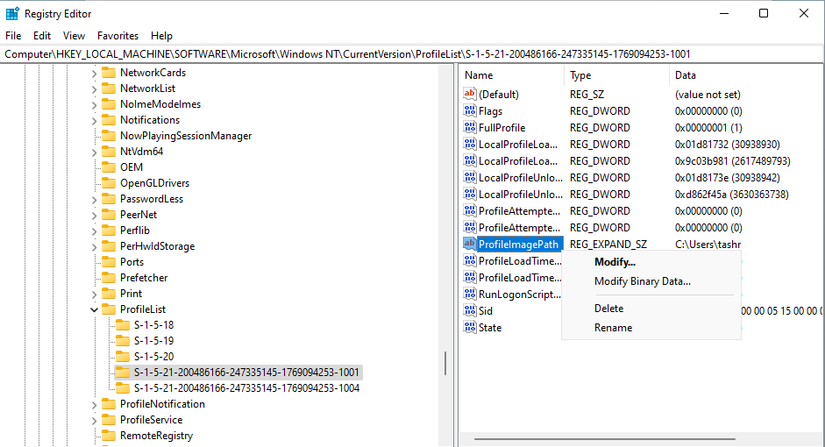 Modify profile image path in the registry editor.