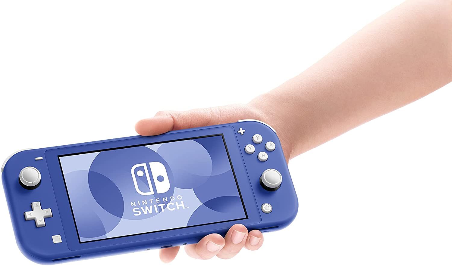 Hand holding blue Nintendo Switch Lite