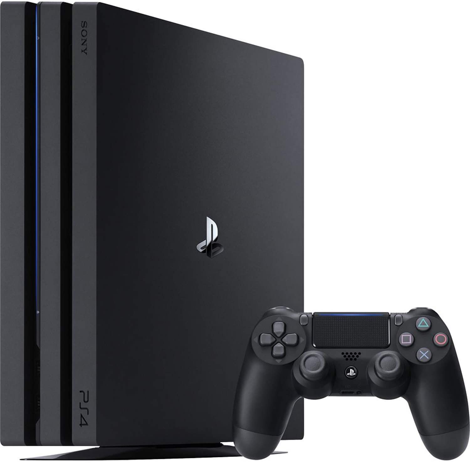 PlayStation 4 Pro standing on side, next to Dualshock 4 controller