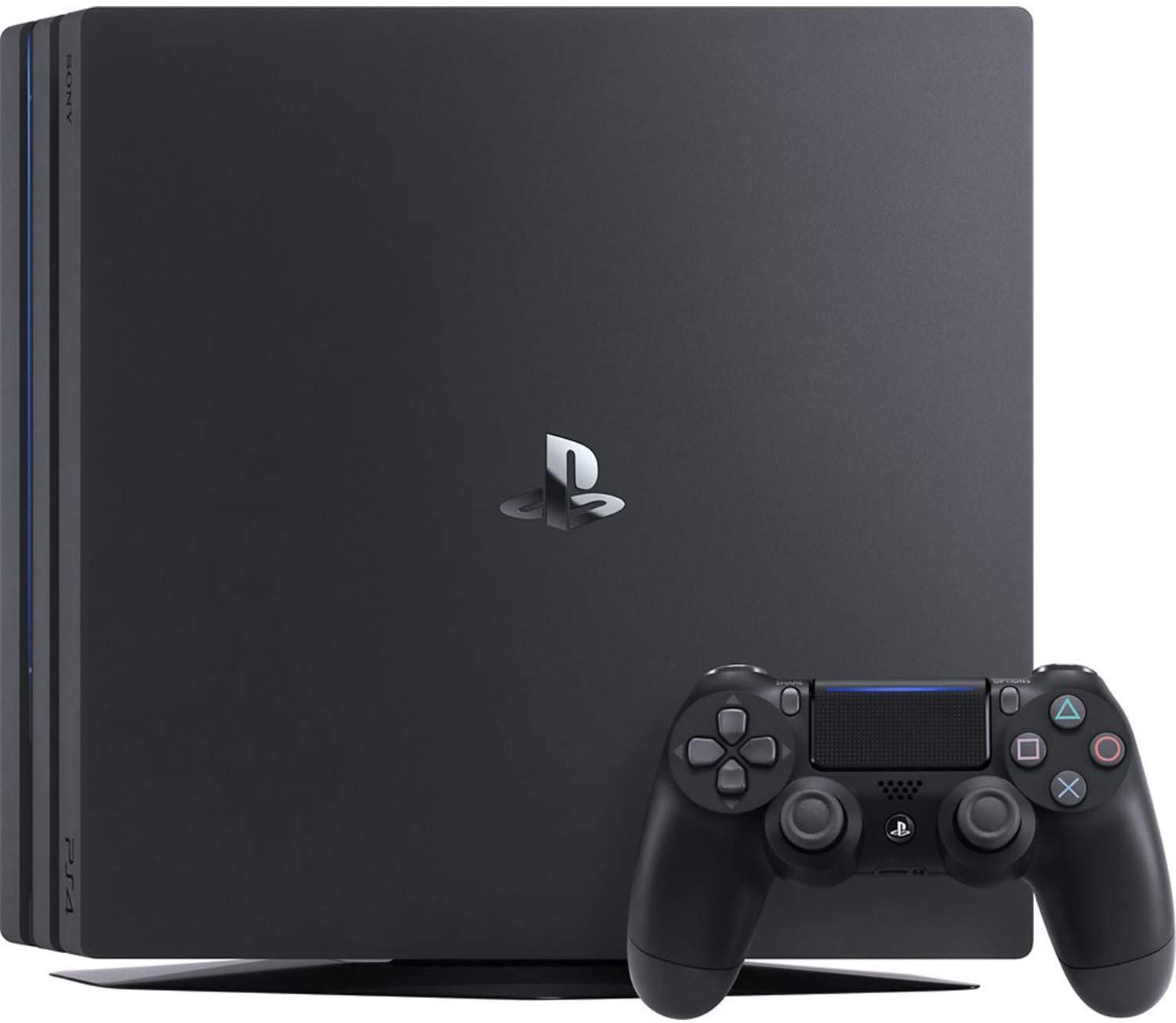Top of PlayStation 4 Pro on side, next to Dualshock 4 controller
