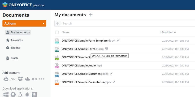 OnlyOffice documents list