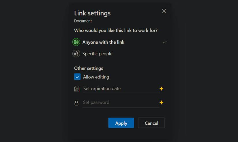 Office Online Share Settings