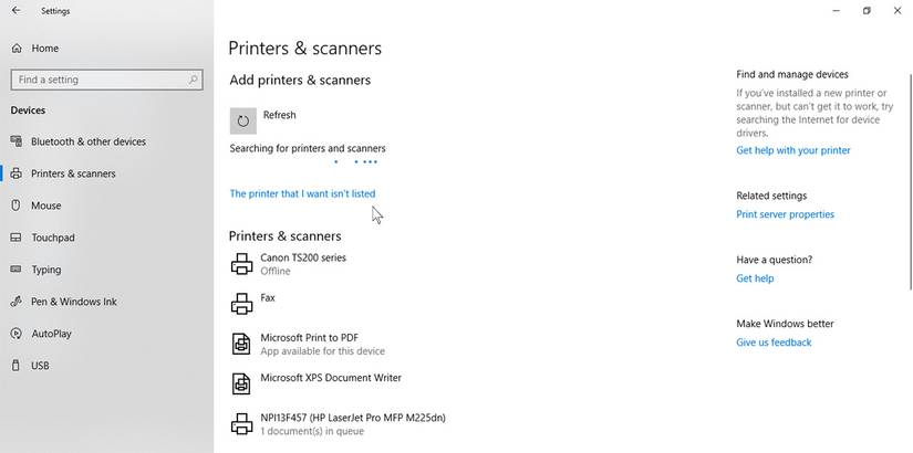 Windows printer settings adding printer scanning software screenshot