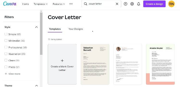 انتخاب قالب‌های نامه پوششی در Canva