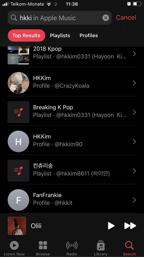 Searching for profile in Apple Music